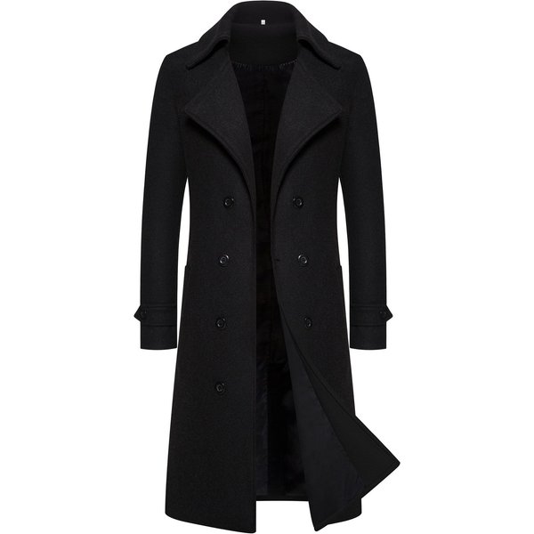 Men's Slim Fit Long Trench Coat - Double Breasted Wool Blend Overcoat For Autumn & Winter (Khaki/Black/Dark Gray/Light Gray)