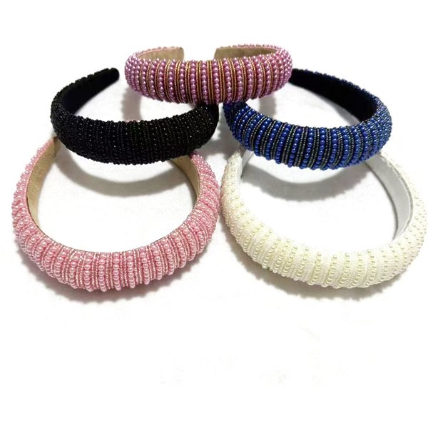 Fashion Elegant Seed Bead & Pearl Headband, Sponge Hand-Woven Wide Hair Hoop, Minimalist Versatile Frizz Control Accessory