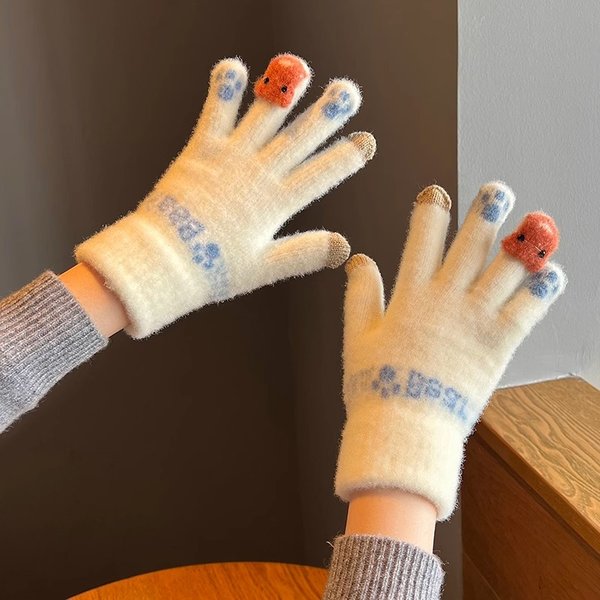Cute Plush Gloves For Women Thickened Warm Touchscreen Knitted Wool Cycling Cold-Proof Fingered Student Winter