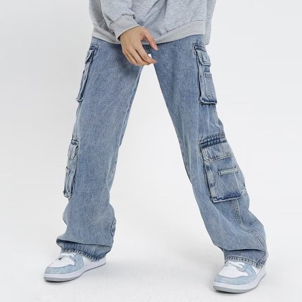 Men's Clothing Fashion Brand Workwear Men's Multi Pocket Heavyweight High Street Jeans Casual Pants Design Retro Spring And Autumn Pants Blue