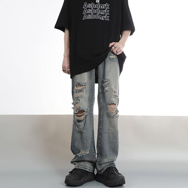 Men's Clothing High Street Old Washed Hole Jeans Men's Street Hiphop Style Loose Straight Slim Trousers-image