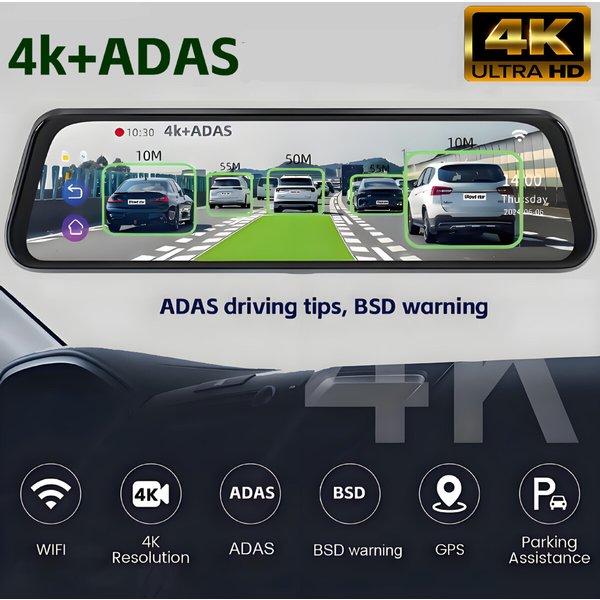 10Inch Full Screen Hd 4K Rearview Mirror Streaming Media Driving Recorder Dual Lens With Reversing Image And Wifi-image