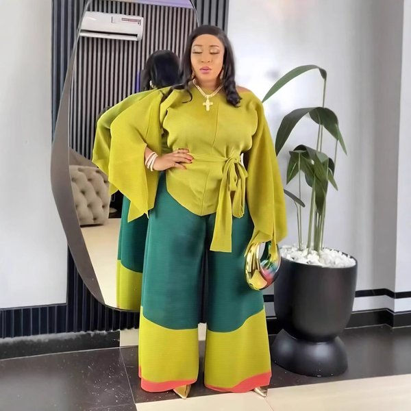 Women's Clothing Three House Pleated Patchwork Top + Wide Leg Straight Pants Two Piece Set-image