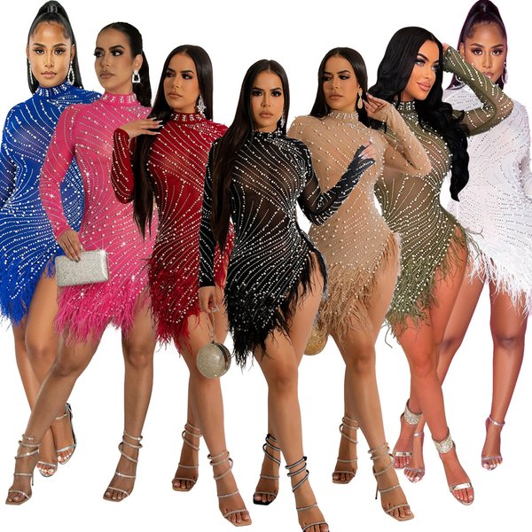 Women's Clothing Sexy Mesh Hot Diamond Bubble Bead Feather Dress-image