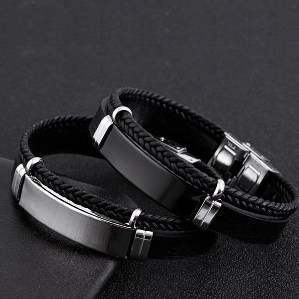 Men's Hip Hop Punk Style Twist Woven Double Leather Bracelet Titanium Steel Bracelet-image