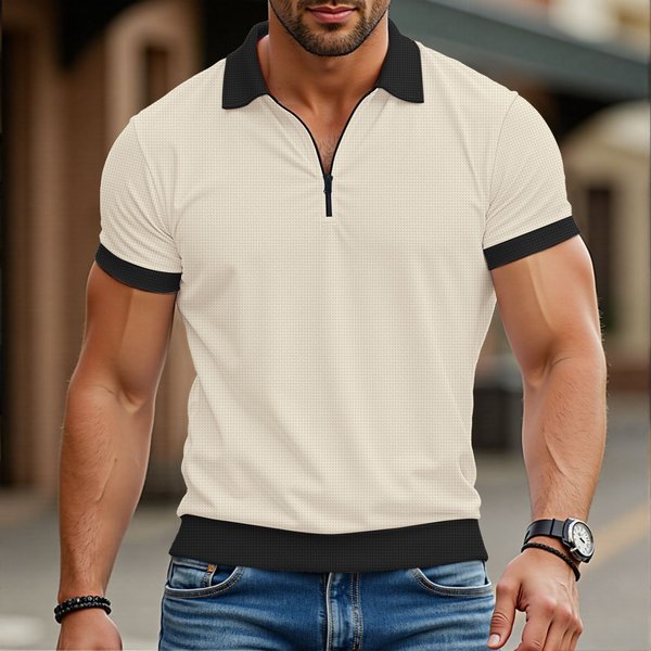 Men's Zip-Up Polo Shirt – Slim-Fit Short Sleeve T-Shirt With Contrast Trim, Summer Casual Wear