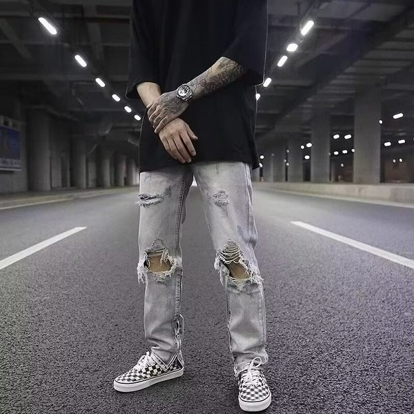 Suitable For All Seasons High Ripped Jeans Loose Trendy Street Casual Distressed Washed Vintage Cut Pants For Men