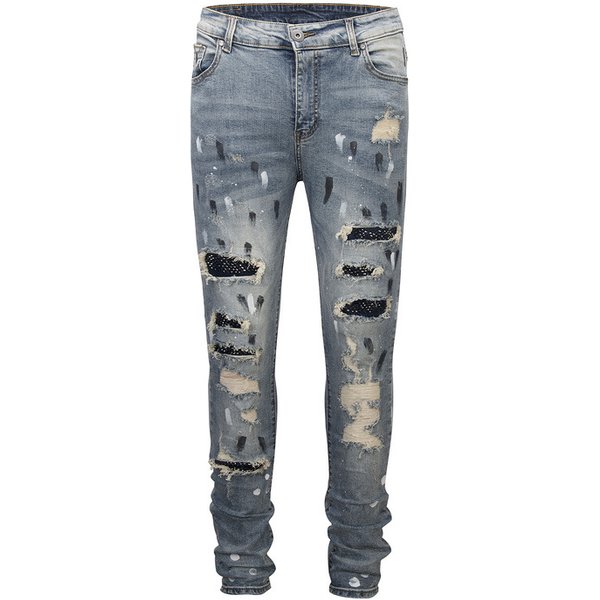 Men's Clothing High Street Diamond Splash Ink Wash Hole Patch Patchwork Hot Diamond Jeans Beggar Pants-image