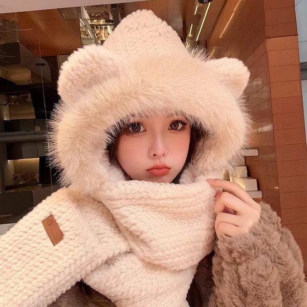 Winter New Women's Plush Hat Scarf Gloves Outdoor Thickened Cycling Warm Three-Piece Set