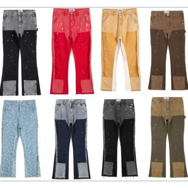 Men's Clothing High Street Retro Washed Loose Wide Leg Slightly Flared Multi Color Stitching Gray Washed Jeans-image