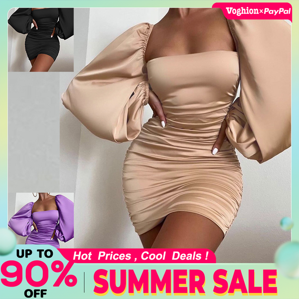Women's Sexy Square Neck Open Back Fold Wrapped Arm Lantern Long Sleeve Solid Satin Short Skirt