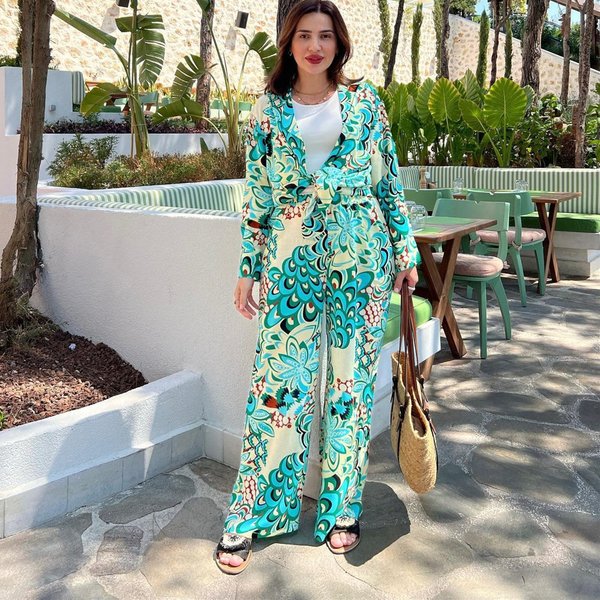 Women's Clothing Autumn New Fashion Printed Long Sleeved Shirt High Waist Wide Leg Trousers Suit-image