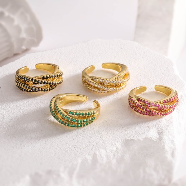Women's Jewelry Open Crossover Ring With Colorful Zircon Stones, Elegant Geometric Design, Gold & Silver Tone Options Diamond Surround Ring