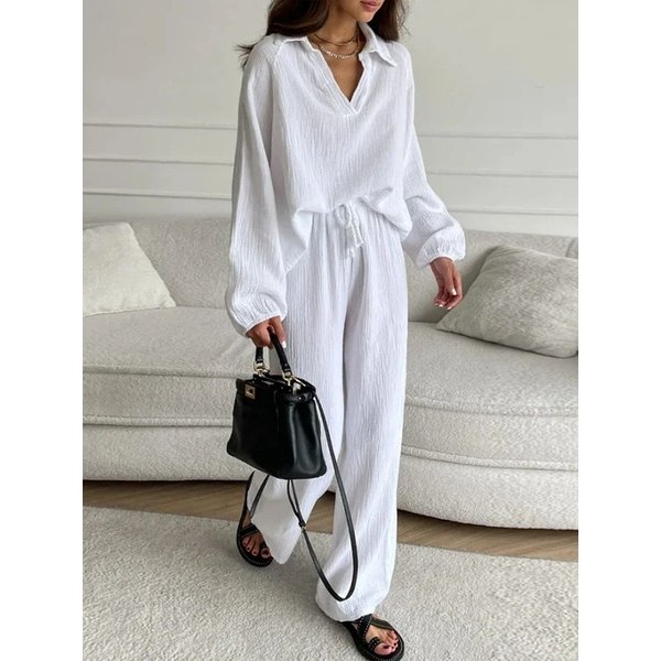 Elegant Ladies Casual Loose Suit Long Sleeved Top + Drawstring Trousers Suit Spring And Autumn Lapel Two Piece Suit