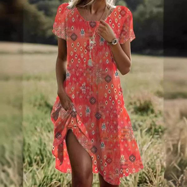 Women's Clothing Summer Hot Sale Literary Ethnic Style Large Round Neck Mid Length Dress-image