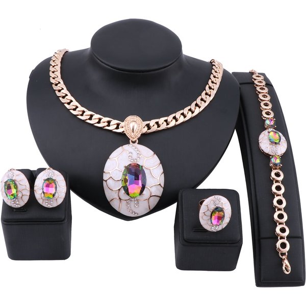 Exquisite Dubai Gold Crystal Enameled Brand Nigerian Wedding Woman Bridal Party Necklace Earring Jewelry Set
