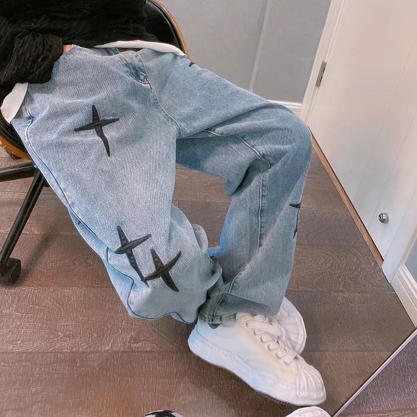 Men's Clothing Jeans men's autumn national trend high street cross patch embroidery loose straight wide-leg cow ins trendy long pants