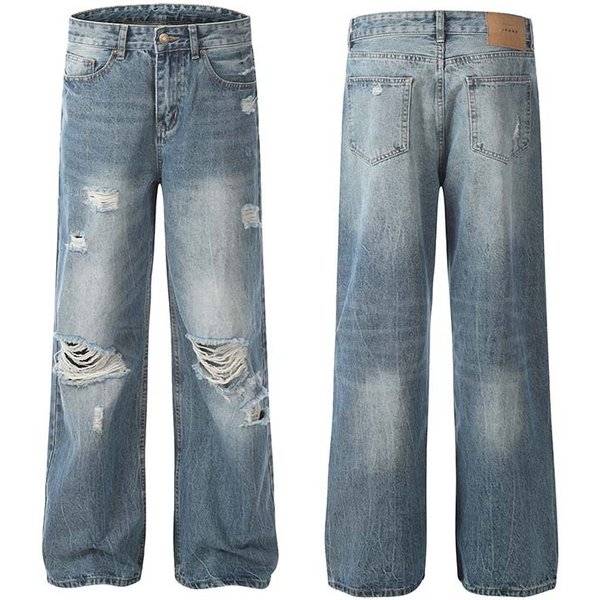 Men's Clothing Washed Distressed Ripped Drape Niche Jeans Men And Women Trendy Retro Loose Casual Straight Pants-image