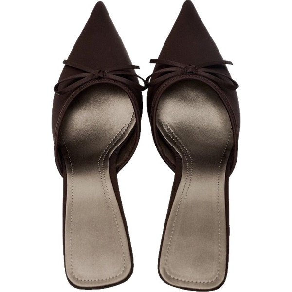 Women's Pointed Toe Bow Detail Satin Mule Heels Slip-On Dress Shoes For Fall Satin Bow Embellished High Heeled Mules Low Cut Outerwear Shoes-image