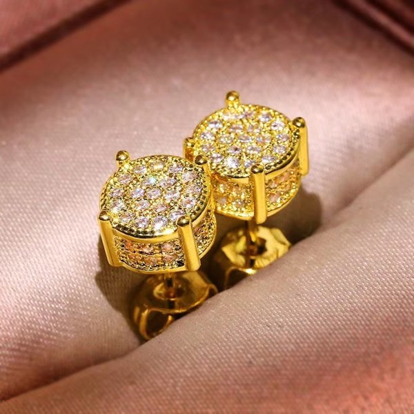 New European Hip Hop Round Stud Earrings, Gold Silver Color Full Paved Shiny Zircon, Exquisite Piercing Jewelry Gifts For Men And Women