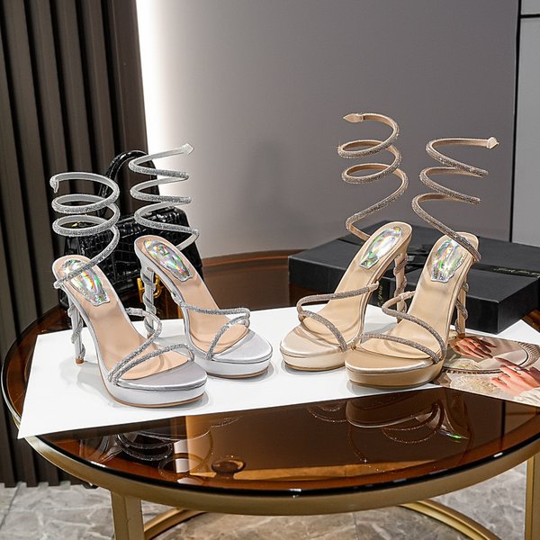 Women's Shoes Rhinestone Strappy Sandals Sexy Open Toe Stiletto Platform High Heels Snake Patterned Heeled Sandals-image