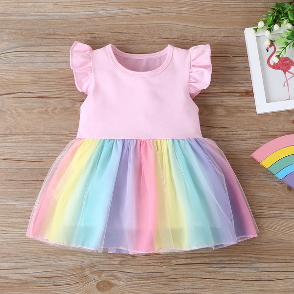 Mother Kids Summer Flying Sleeve Girls Mesh Rainbow Dress