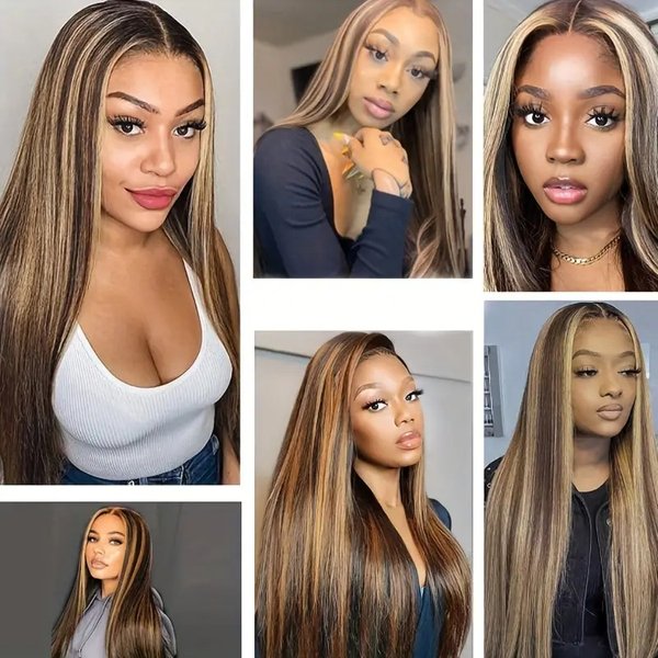 New Style Piano Colored Wig Center Parted Long Straight Synthetic Full Head Wig With Lace Trim-image