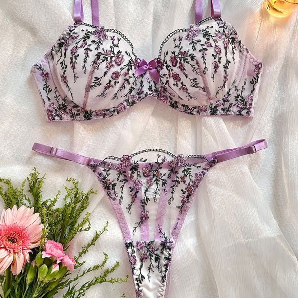 Kajiano cross border foreign trade new high end temperament style floral embroidery transparent mesh temptation sexy underwear set