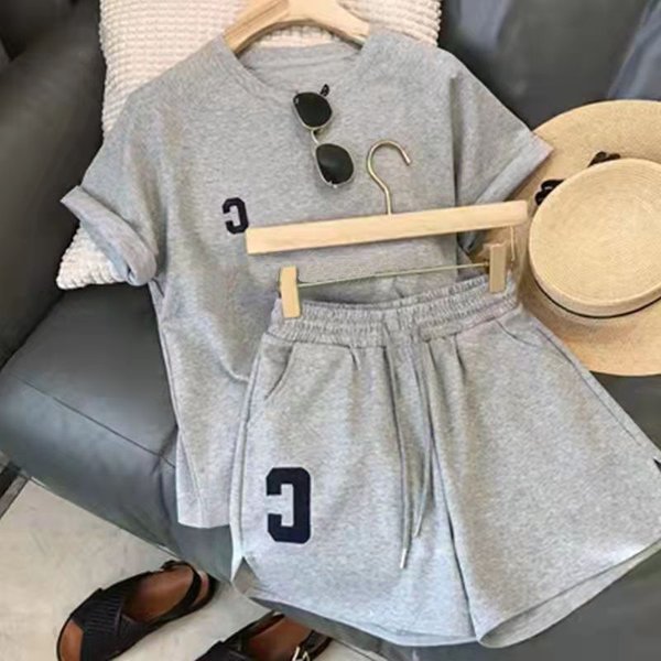 Women's Summer New Drop Shoulder Short Sleeves Slit Wide Leg Shorts Sports Two-Piece Suit-image