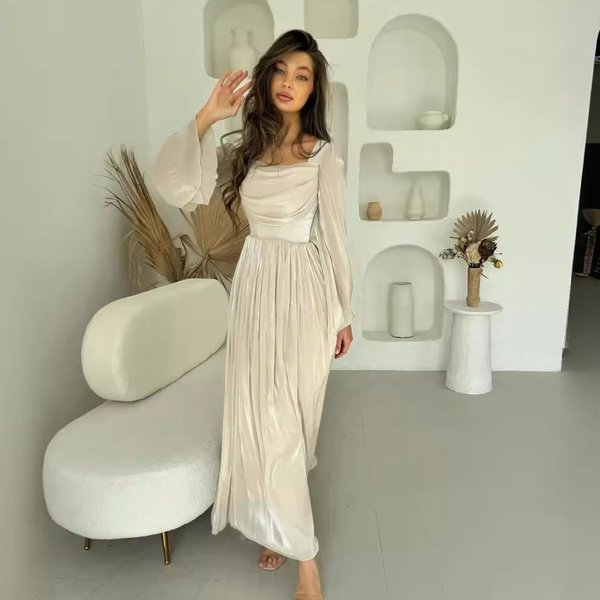 Women's Clothing Autumn New French Retro Square Neck Elegant Long Sleeved Pleated Dress-image