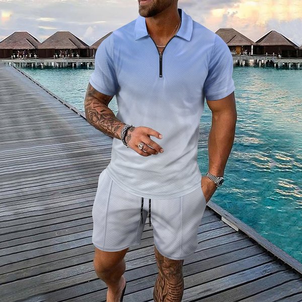 Men's Casual 2-Piece Set - Short Sleeve Zipper Shirt & Matching Shorts | Summer Outfit