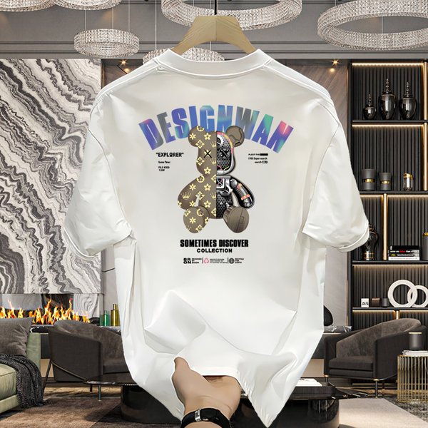 Men's Clothing Summer Cotton Trendy Teddy Bear Printed Short T shirt Men's Casual Loose All match Trendy Couple Outfit Half Sleeve Top