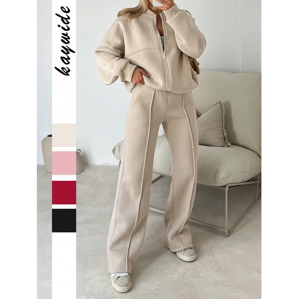 Women's Sporty Long Sleeve Tracksuit Set, Solid Color Jogger Pants & Jacket, Casual Streetwear, Polyester Knit Fabric, Black/Pink/Camel/Red, S-XL
