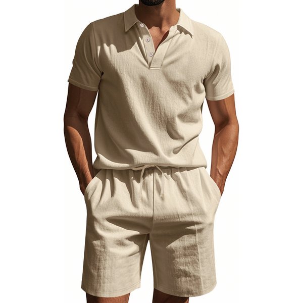 Men's Linen Polo Shirt & Shorts Set - Breathable Summer Outfit, Loose Fit Casual Short Sleeve Suit