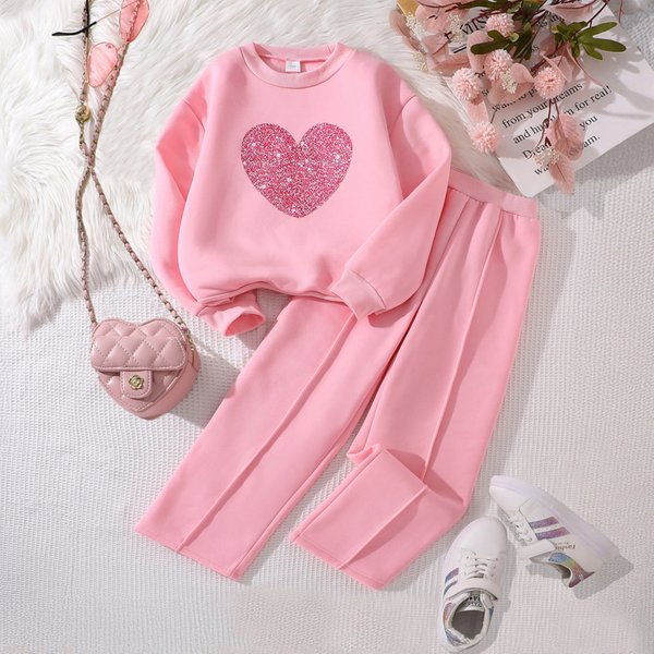 Girls' Spring Style Two Piece Set Long Sleeved Sweatshirt And Fleece Lined Pants Children's Clothing For Ages 3-12-image
