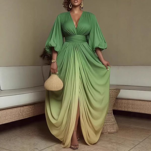 Women's Clothing Spring/Summer V Neck Printed Pleated Dress Style Full Skirt Fashionable Elegant Loose Slimming-image