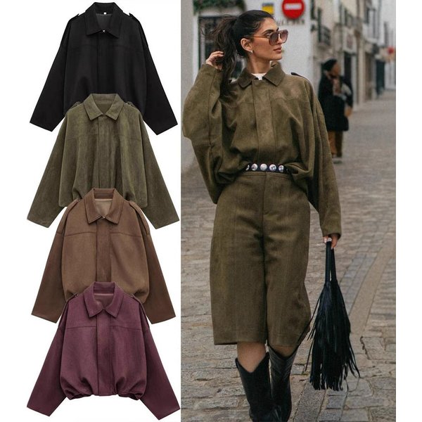 Women's PU Leather Bomber Jacket – Oversized Lapel, Batwing Sleeves, Zipper Details (S/M/L, Black/Brown/Army Green)