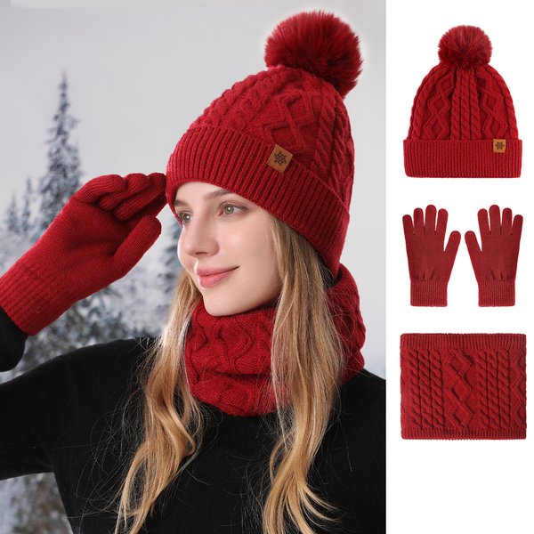 Winter Knit Hat Scarf Gloves Set For Women - Soft Alpaca Wool Thermal Neck Warmer, Beanie & Mittens - Elegant Geometric Design For Outdoor Cycling-image