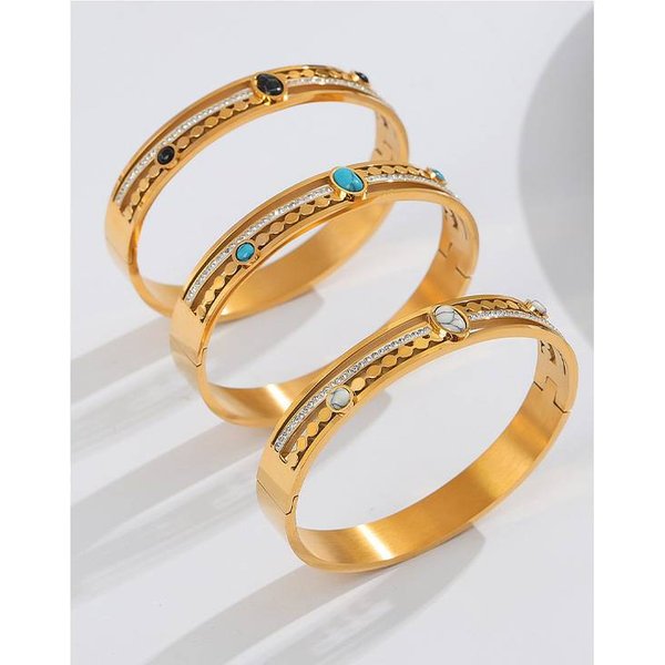 New Retro Palace Style Fashion Personality Hollow Titanium Steel Gold Plated Diamond Inlaid Turquoise Bracelet Jewelry-image