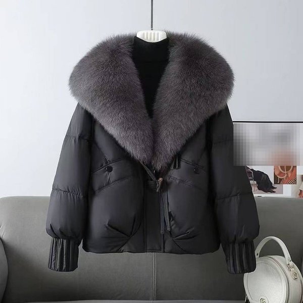 Women's Winter Short Puffer Coat With Oversized Faux Fur Collar – Korean Style Loose Fit Thick Warm Jacket (Brown/Black)