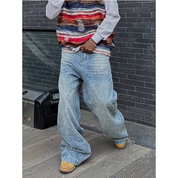 Men's Clothing European And American Style Loose Wide-leg Jeans, Street Trendy Washed Retro Loose Men's Jeans, Trendy Brand Wide-leg Pants