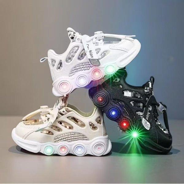 Kids' Light-Up Sneakers With Led Lights – Breathable Canvas Shoes For Boys & Girls (1-6 Years) Soft Sole Casual Shoes (Khaki/Black/White, Sizes 21-30)