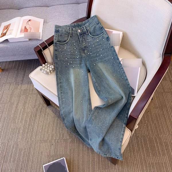 Glitter Rhinestone Wide-Leg Jeans For Women - Sparkly Blue Distressed Denim Palazzo Pants (XS-XXL)-image
