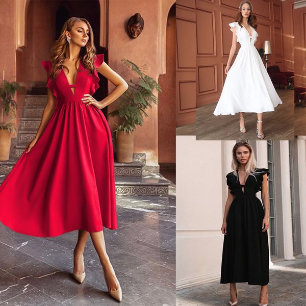 Women's Summer Style Dress Style Sleeveless V-Neck Women's High Hem Red Dress Midi Skirt-image