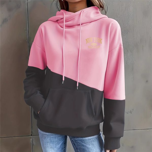 Women's Fleece Lined Hooded Sweatshirt Casual Loose Drawstring Print Design American Style Hot Selling Autumn Winter Clothing-image
