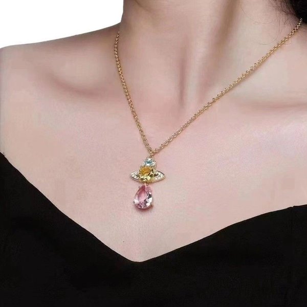 Vivienne Mermaid Tears Drop Necklace Pendant Full Diamond Saturn Clavicular Chain XTH005-image