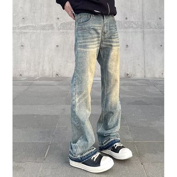 Men's Vintage High Street Vibe Washed Straight Leg Bootcut Jeans - Retro Yellow Mud Dye Denim Pants