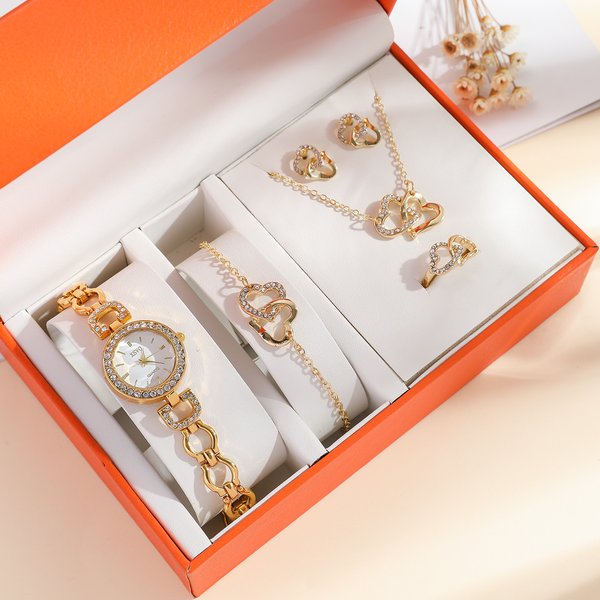 Ladies New Watch Set Gold Diamond Temperament Versatile Hollow Strap Ladies Quartz Watch Set-image
