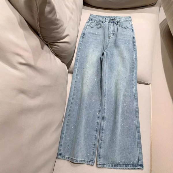 Women's Clothing Summer New High Waist Loose Slim Hot Diamond Heavy Straight Pants-image