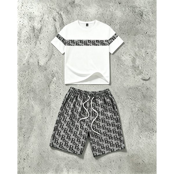 Men's Clothing Men's Summer Trendy T Shirt Short Sleeved Shorts Suit Waffle Sports Casual-image